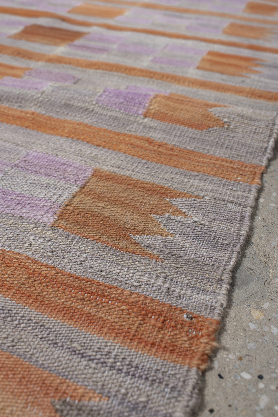 2' x 9' one-of-a-kind handmade vintage Kilim runner rug. Color palette: gray, peach, lavender, taupe, terracotta, pink