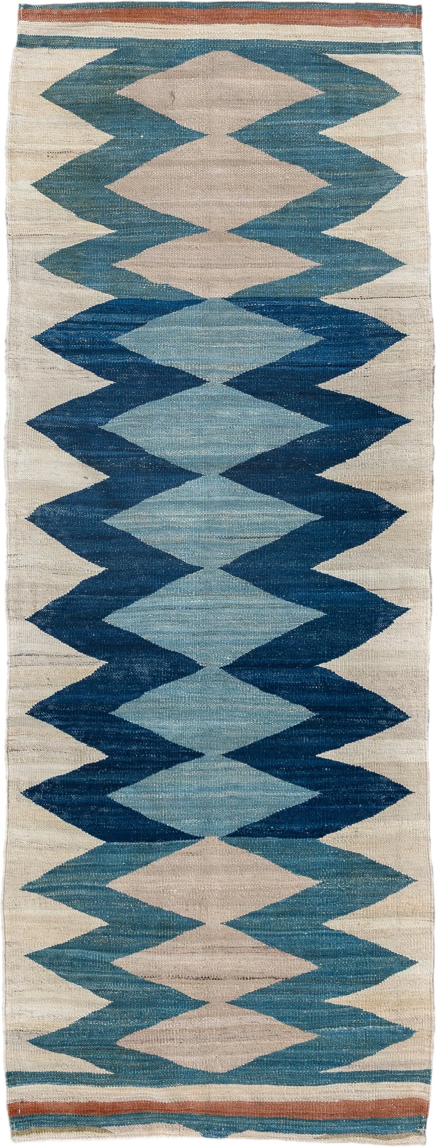 2' x 6' one-of-a-kind handmade vintage Kilim runner rug. Color palette: ivory, indigo, sky blue, teal, camel, rust, purple