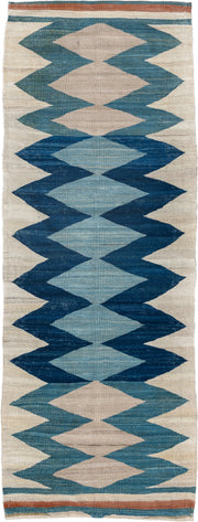 2' x 6' one-of-a-kind handmade vintage Kilim runner rug. Color palette: ivory, indigo, sky blue, teal, camel, rust, purple