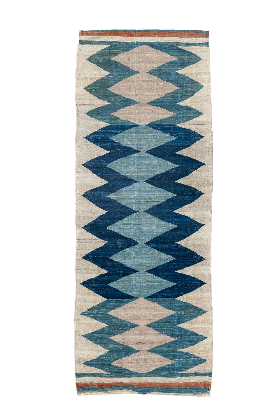 2' x 6' one-of-a-kind handmade vintage Kilim runner rug. Color palette: arapawa, blue, gray, light blue, light gray