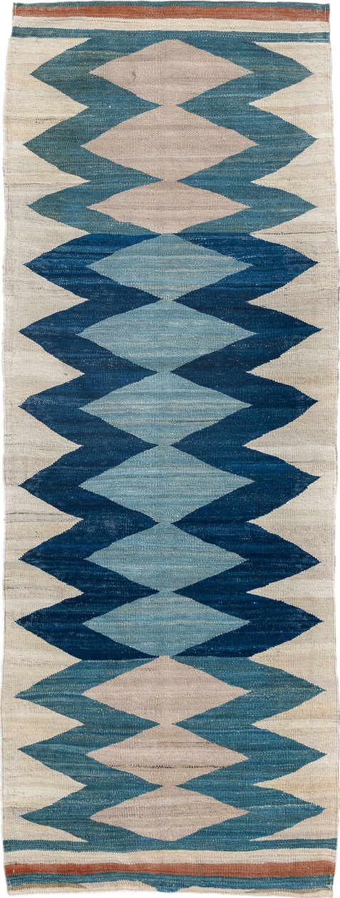 2' x 6' one-of-a-kind handmade vintage Kilim runner rug. Color palette: ivory, indigo, sky blue, teal, camel, rust, purple
