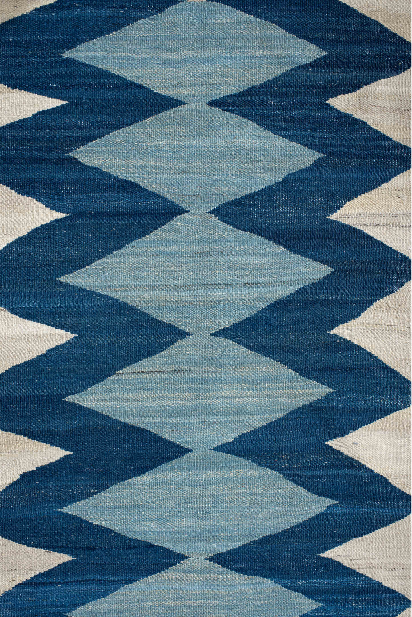 2' x 6' one-of-a-kind handmade vintage Kilim runner rug. Color palette: ivory, indigo, sky blue, teal, camel, rust, purple
