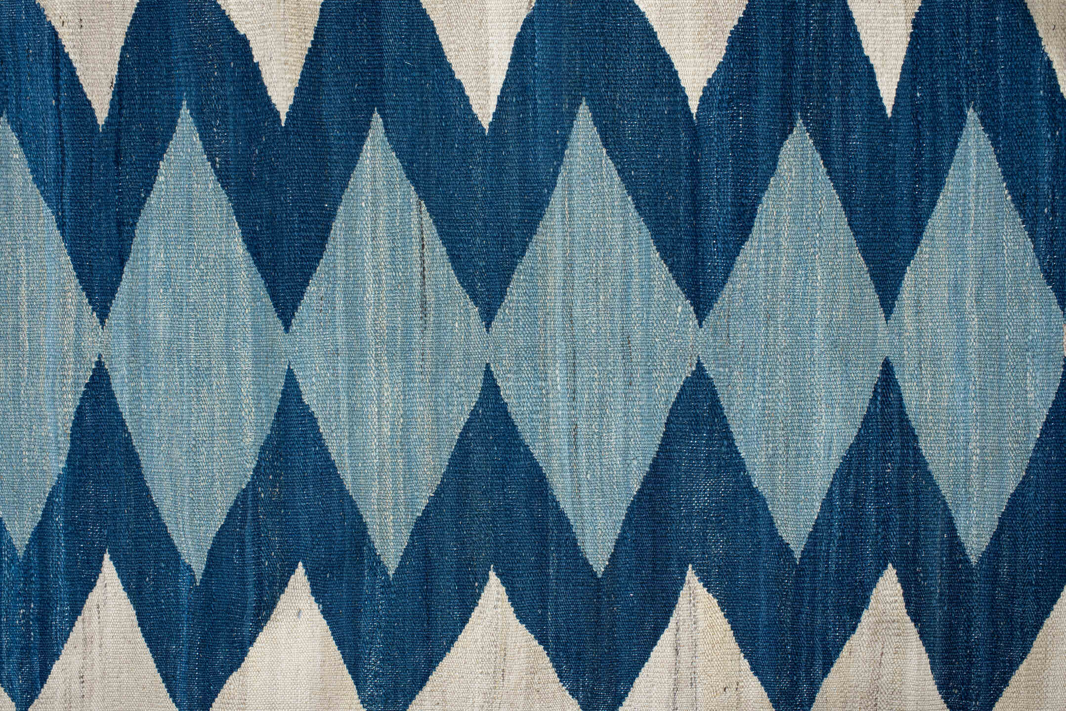 2' x 6' one-of-a-kind handmade vintage Kilim runner rug. Color palette: arapawa, blue, gray, light blue, light gray