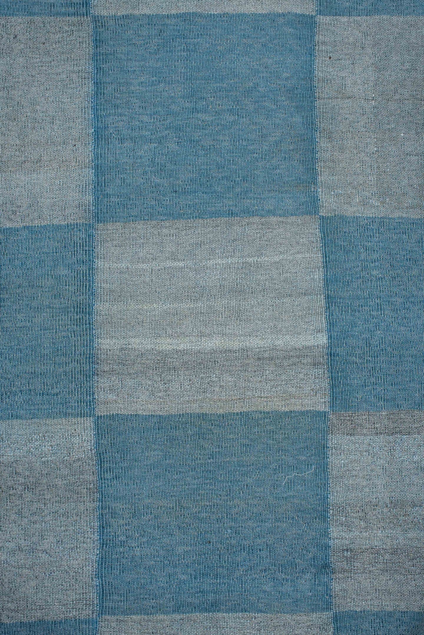2' x 15' one-of-a-kind handmade vintage Kilim runner rug. Color palette: sky blue, slate, powder blue, steel blue, gray