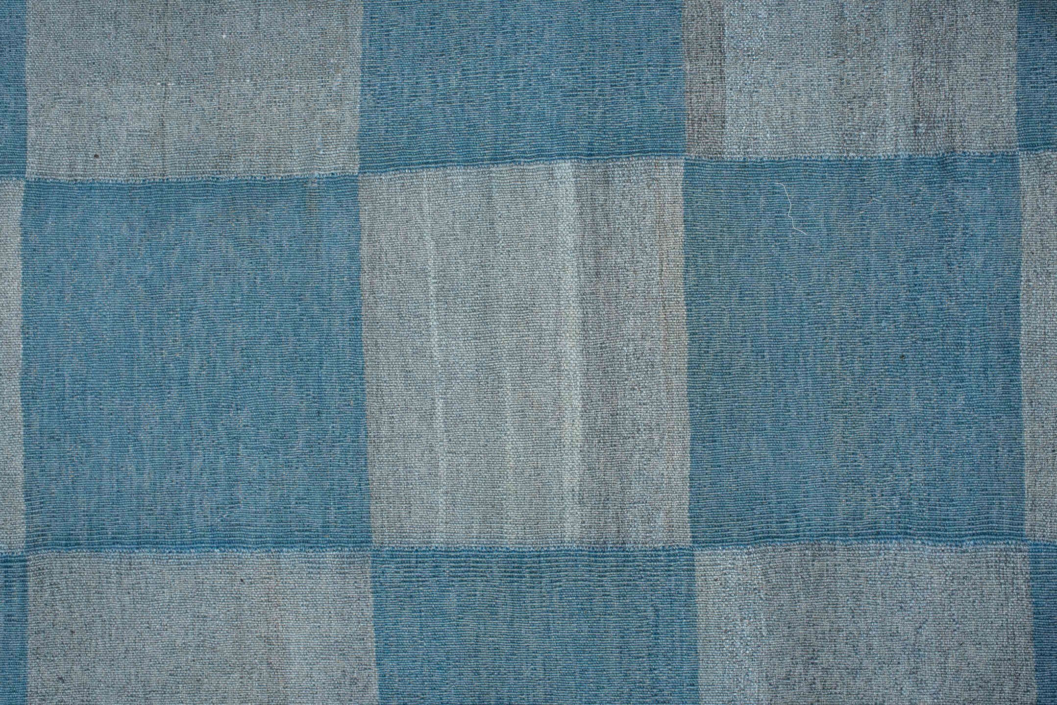 2' x 15' one-of-a-kind handmade vintage Kilim runner rug. Color palette: blue, gray, light blue, light gray
