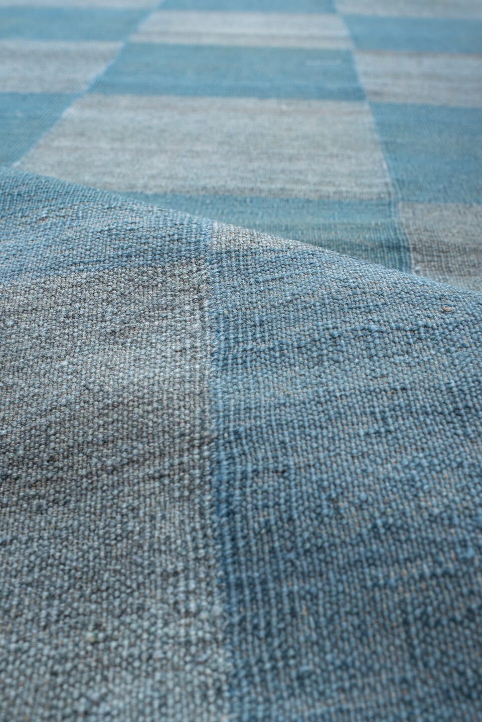 2' x 15' one-of-a-kind handmade vintage Kilim runner rug. Color palette: sky blue, slate, powder blue, steel blue, gray