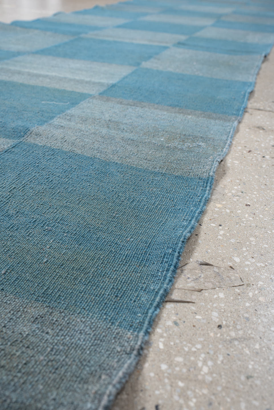 2' x 15' one-of-a-kind handmade vintage Kilim runner rug. Color palette: sky blue, slate, powder blue, steel blue, gray