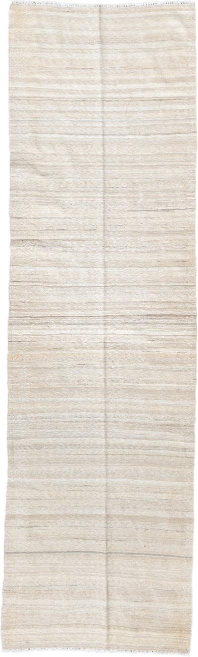 2' x 9' one-of-a-kind handmade vintage Kilim runner rug. Color palette: ivory, cream, beige, taupe, sand, light gray, gray