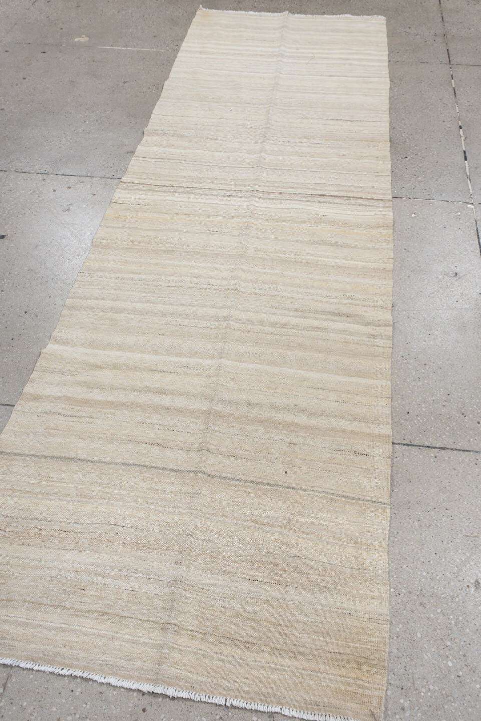 2' x 9' one-of-a-kind handmade vintage Kilim runner rug. Color palette: ivory, cream, beige, taupe, sand, light gray, gray