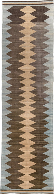 2' x 10' one-of-a-kind handmade vintage Kilim runner rug. Color palette: brown, pale blue, camel, ivory, taupe, light blue