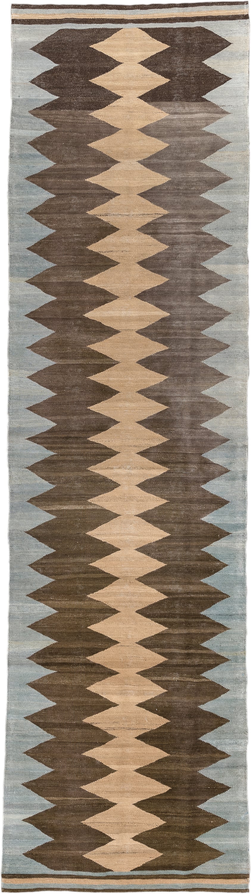 2' x 10' one-of-a-kind handmade vintage Kilim runner rug. Color palette: brown, pale blue, camel, ivory, taupe, light blue