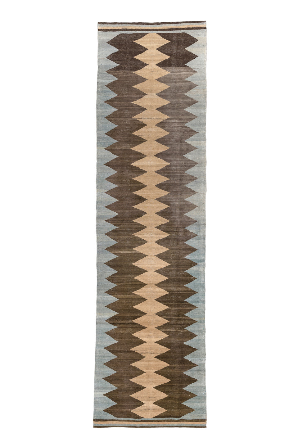 2' x 10' one-of-a-kind handmade vintage Kilim runner rug. Color palette: brown, dark gray, gray, light gray, orange, tan