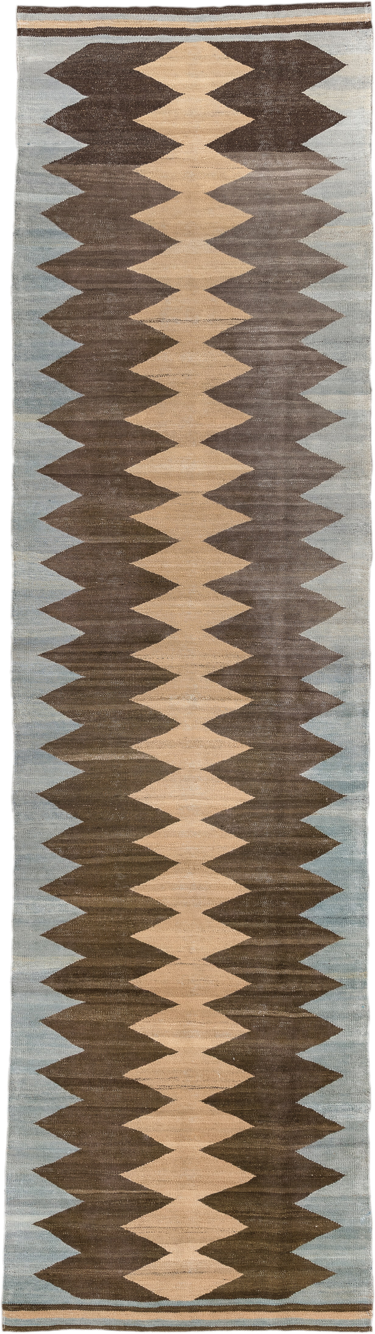 2' x 10' one-of-a-kind handmade vintage Kilim runner rug. Color palette: brown, pale blue, camel, ivory, taupe, light blue