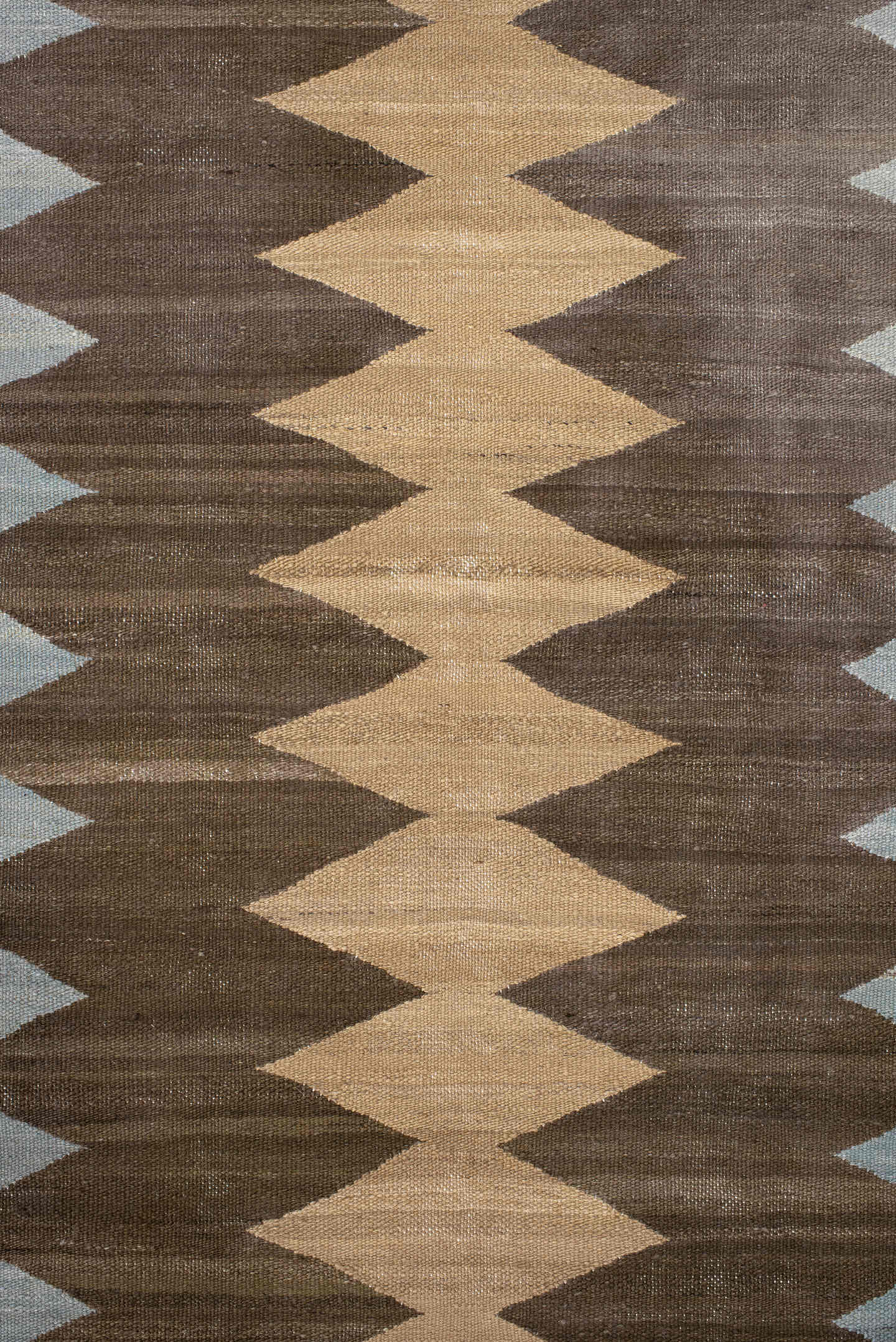 2' x 10' one-of-a-kind handmade vintage Kilim runner rug. Color palette: brown, pale blue, camel, ivory, taupe, light blue