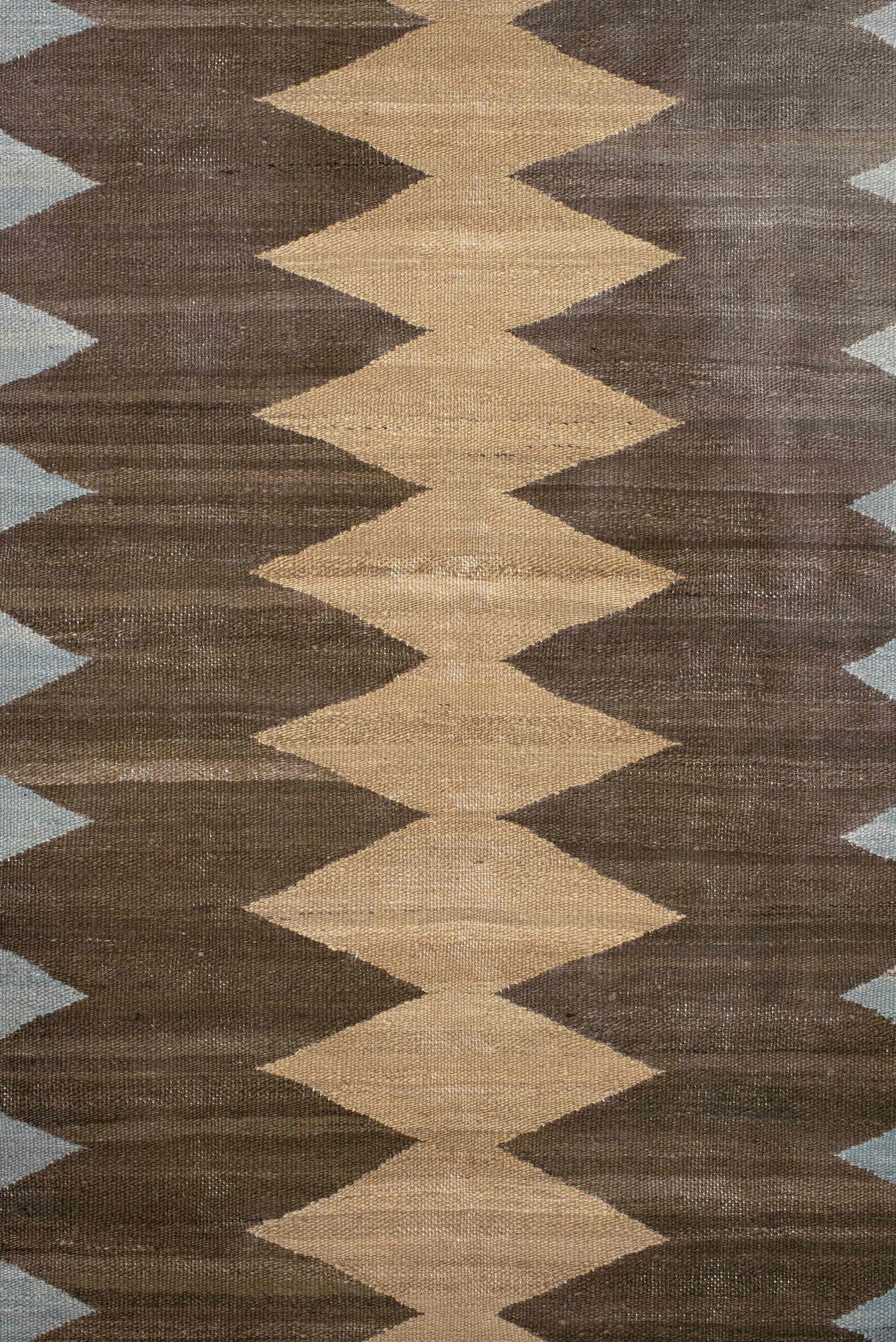 2' x 10' one-of-a-kind handmade vintage Kilim runner rug. Color palette: brown, pale blue, camel, ivory, taupe, light blue