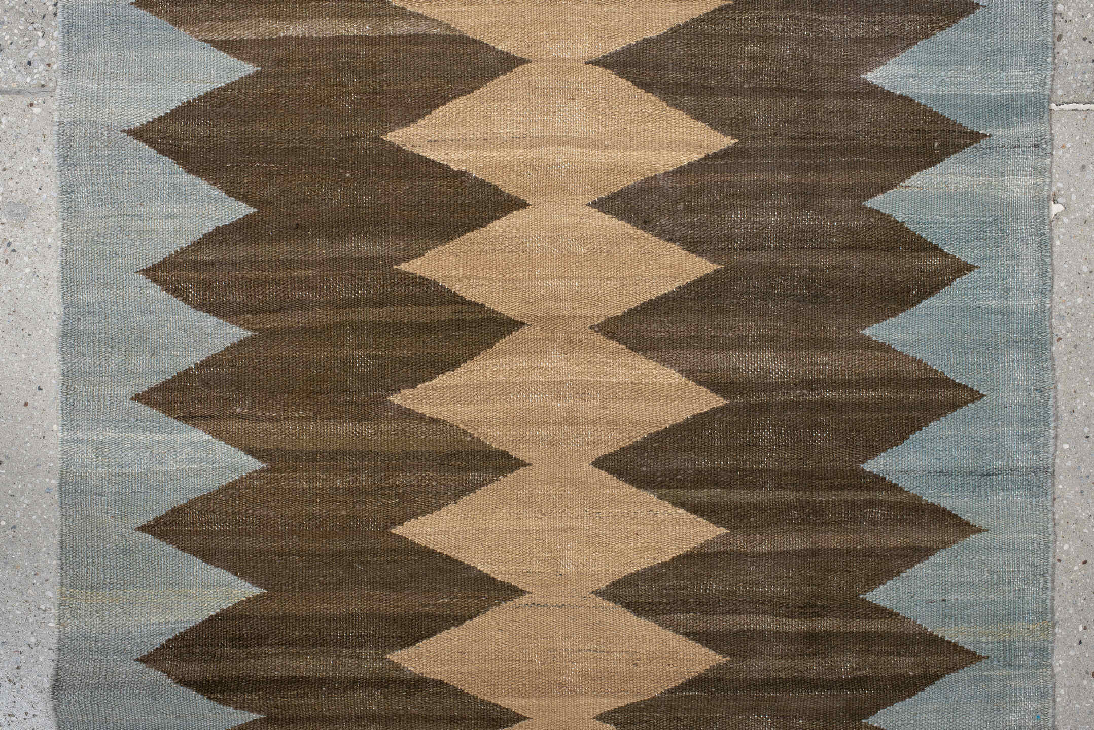 2' x 10' one-of-a-kind handmade vintage Kilim runner rug. Color palette: brown, pale blue, camel, ivory, taupe, light blue