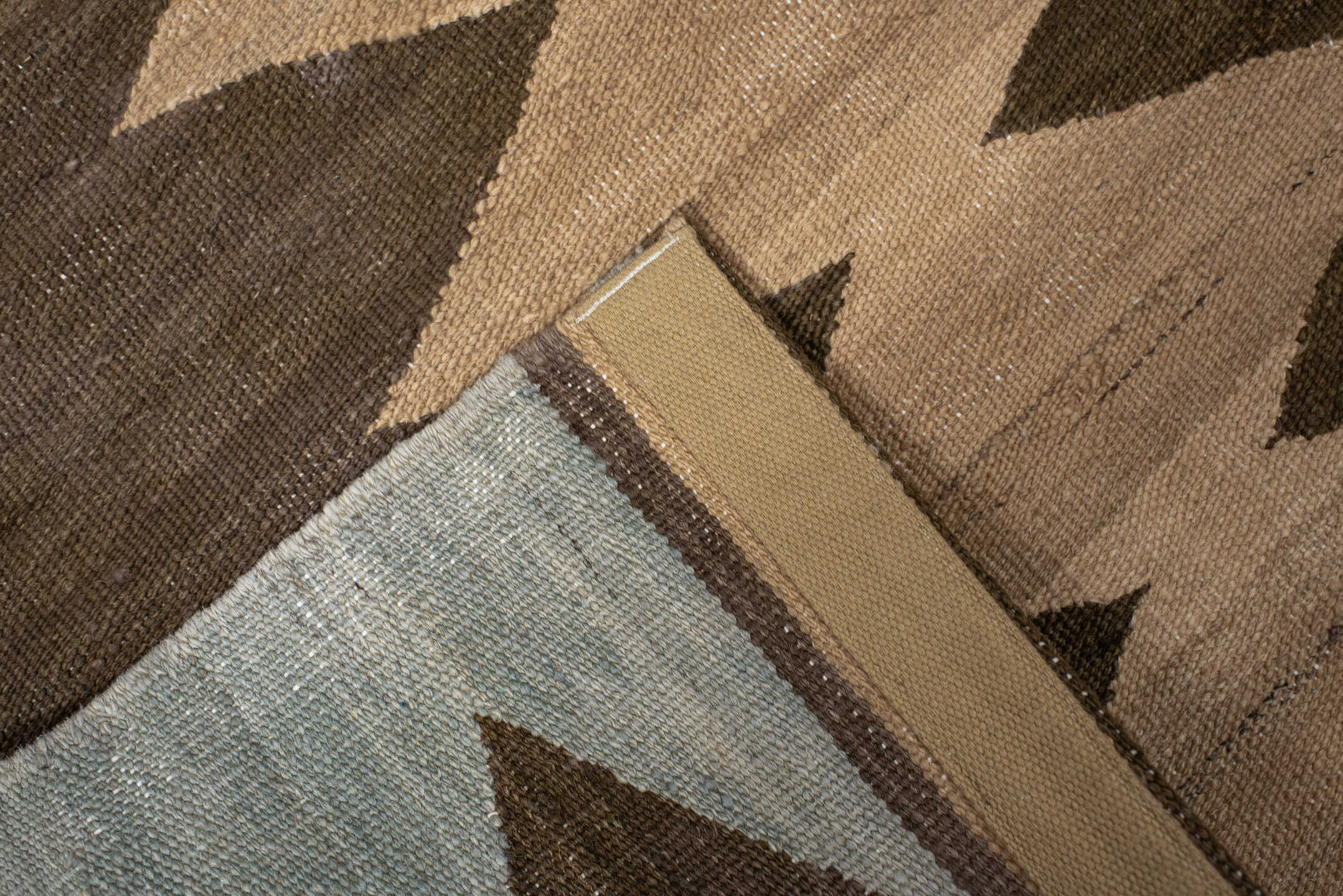 2' x 10' one-of-a-kind handmade vintage Kilim runner rug. Color palette: brown, pale blue, camel, ivory, taupe, light blue