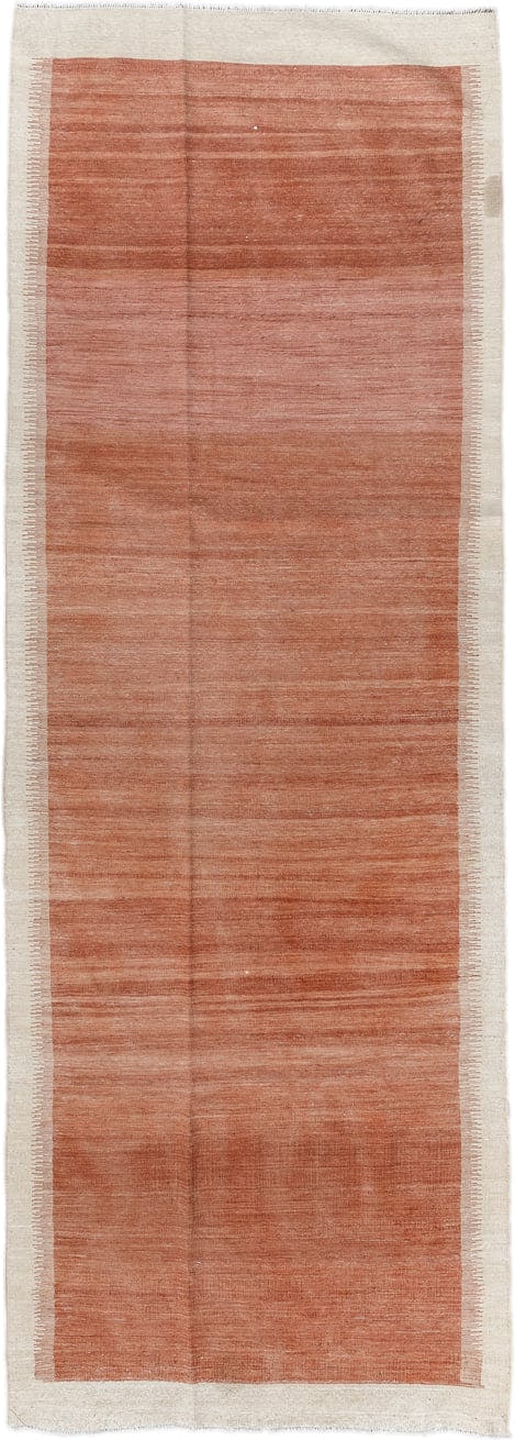 2' x 10' one-of-a-kind handmade vintage Kilim runner rug. Color palette: terra cotta, ivory, rose, camel, terracotta, brown