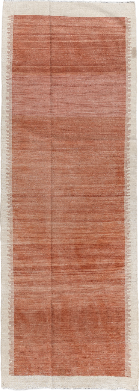 2' x 10' one-of-a-kind handmade vintage Kilim runner rug. Color palette: terra cotta, ivory, rose, camel, terracotta, brown