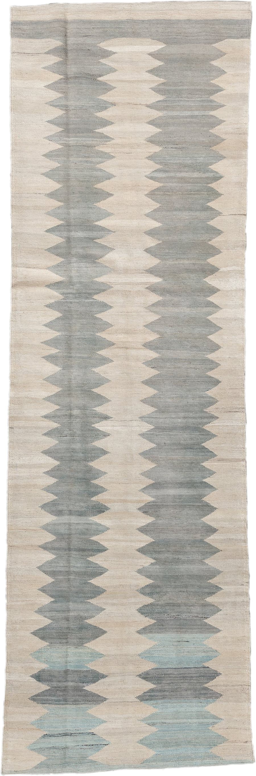 3' x 9' one-of-a-kind handmade vintage Kilim runner rug. Color palette: ivory, gray, pale blue, cream, light blue