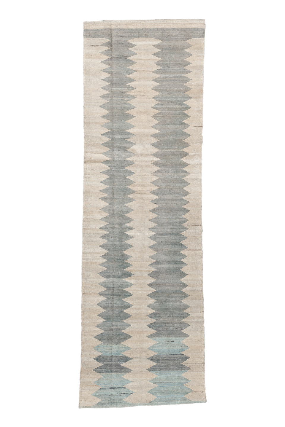 3' x 9' one-of-a-kind handmade vintage Kilim runner rug. Color palette: blue, dark gray, dim gray, gray, light gray