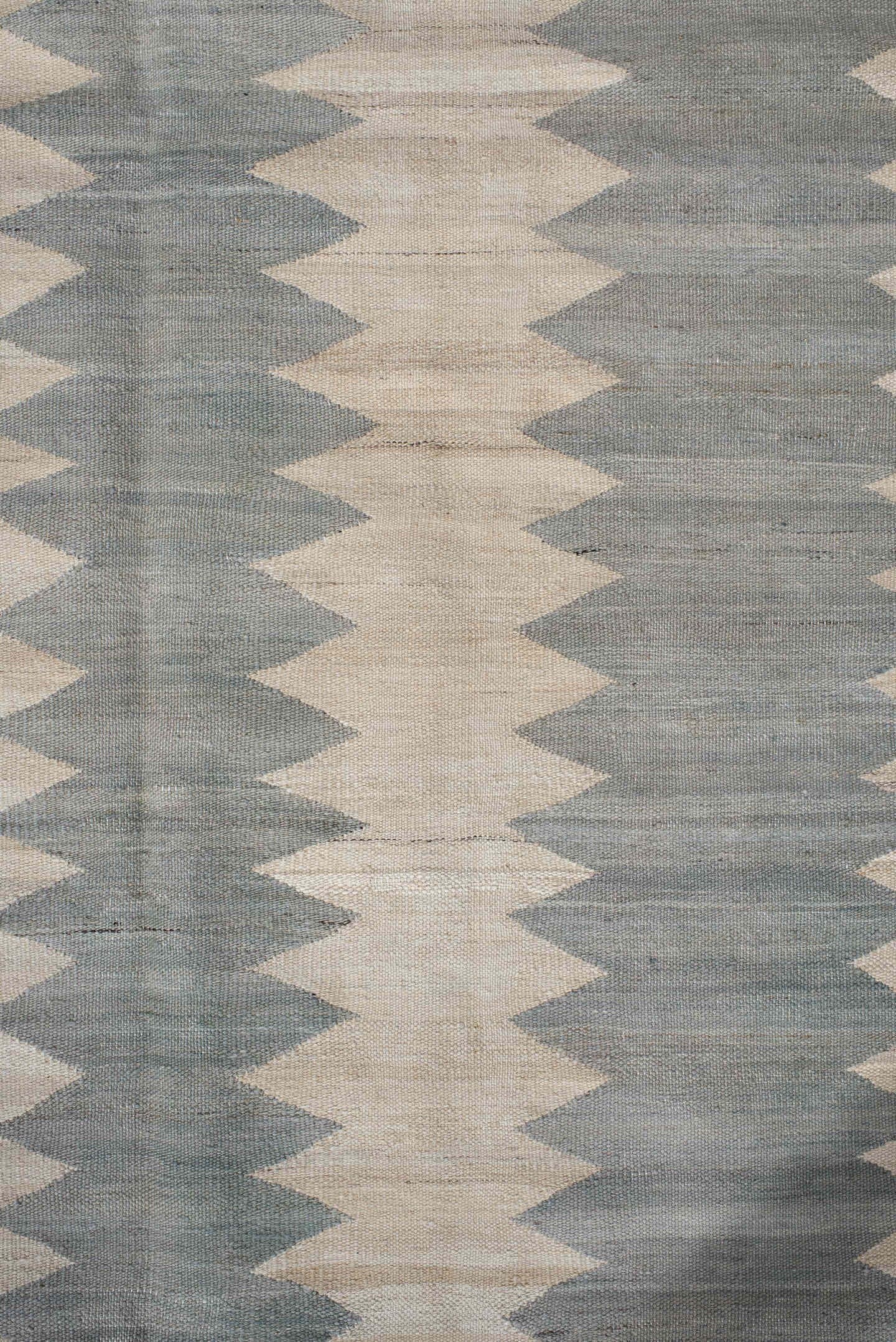 3' x 9' one-of-a-kind handmade vintage Kilim runner rug. Color palette: ivory, gray, pale blue, cream, light blue