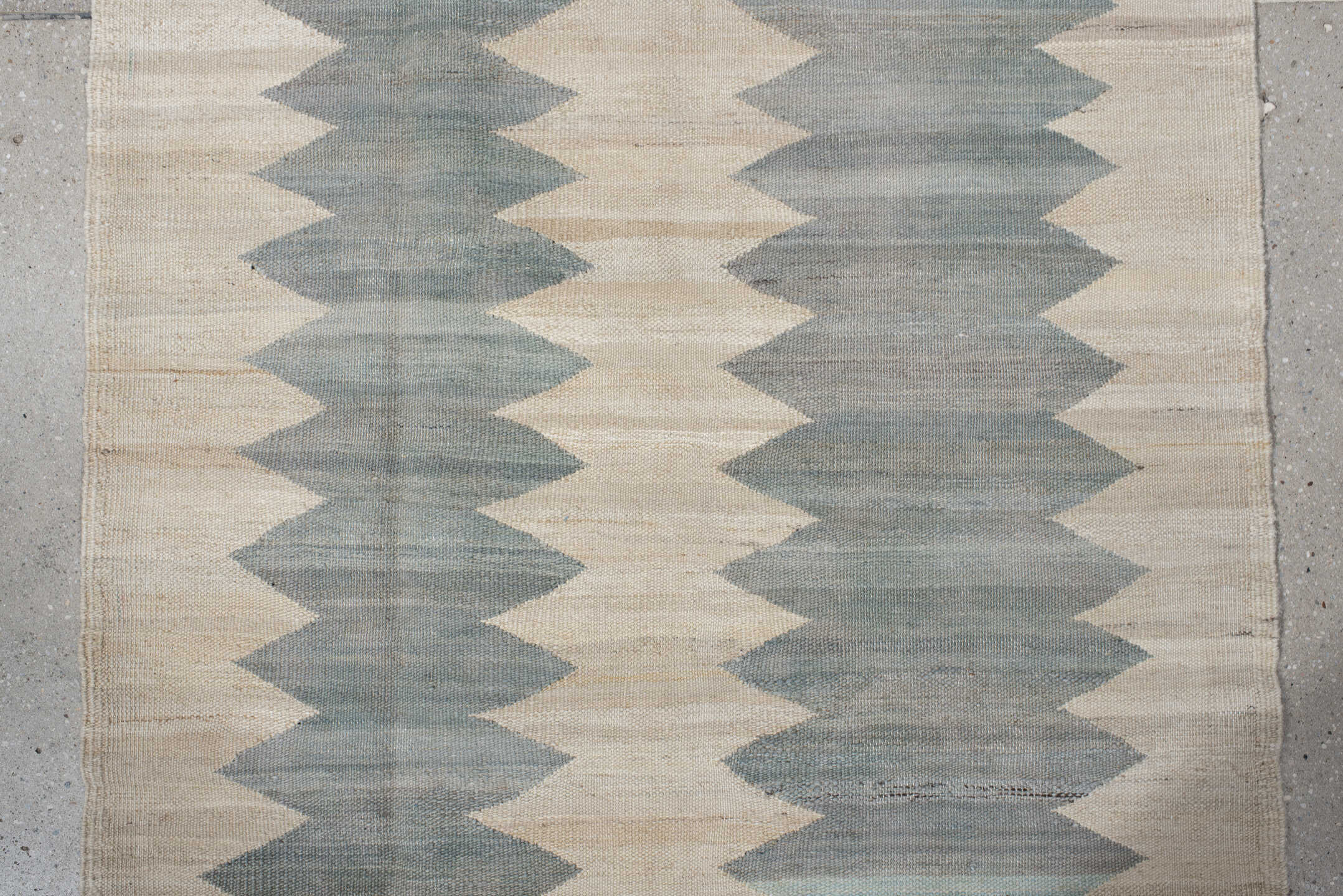 3' x 9' one-of-a-kind handmade vintage Kilim runner rug. Color palette: ivory, gray, pale blue, cream, light blue
