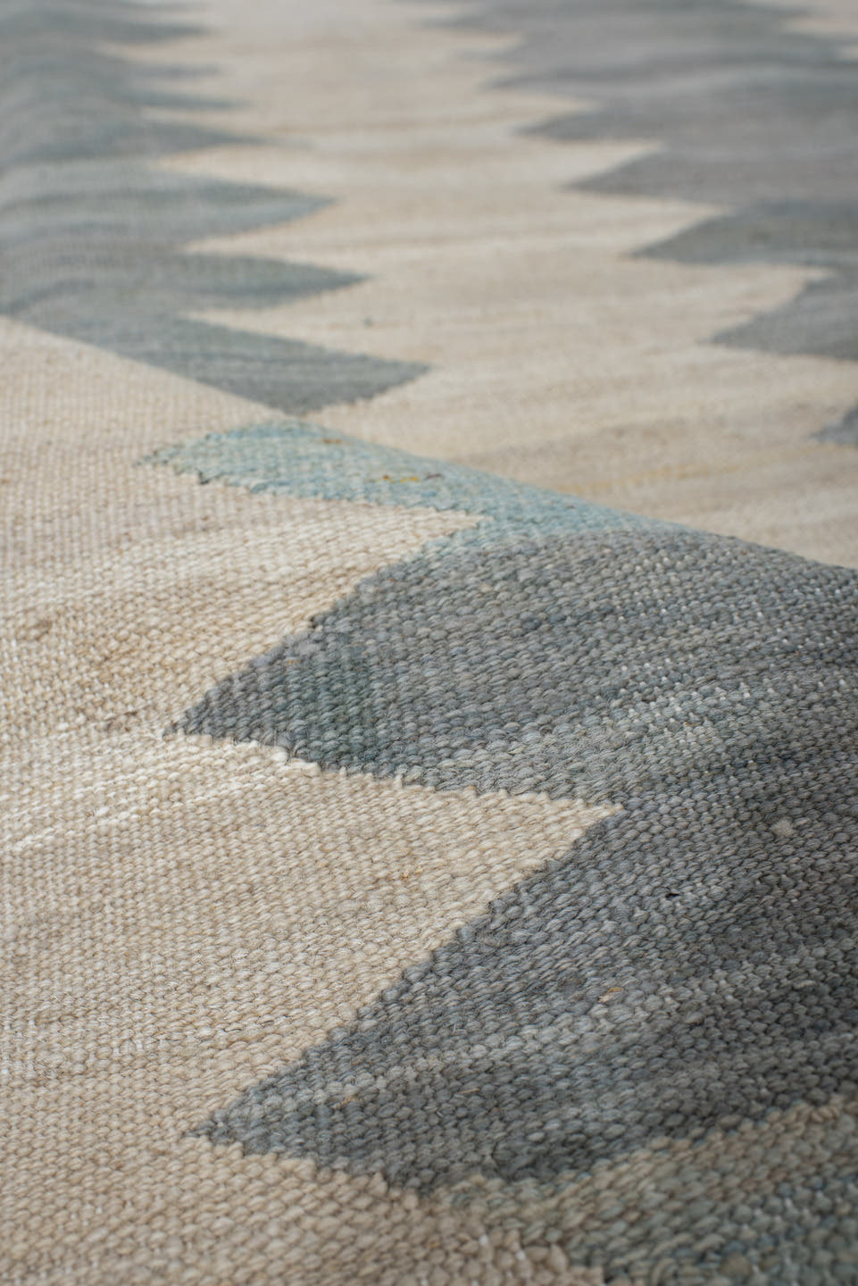 3' x 9' one-of-a-kind handmade vintage Kilim runner rug. Color palette: ivory, gray, pale blue, cream, light blue