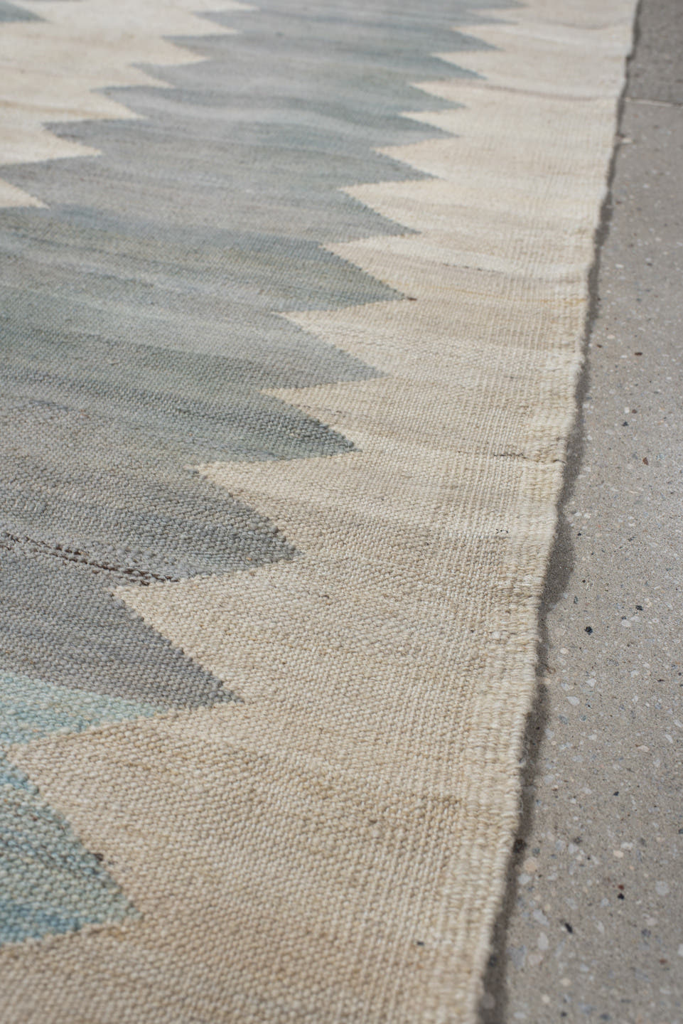 3' x 9' one-of-a-kind handmade vintage Kilim runner rug. Color palette: ivory, gray, pale blue, cream, light blue