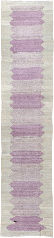2' x 12' one-of-a-kind handmade vintage Kilim runner rug. Color palette: ivory, lavender, blush, cream, light gray, pink