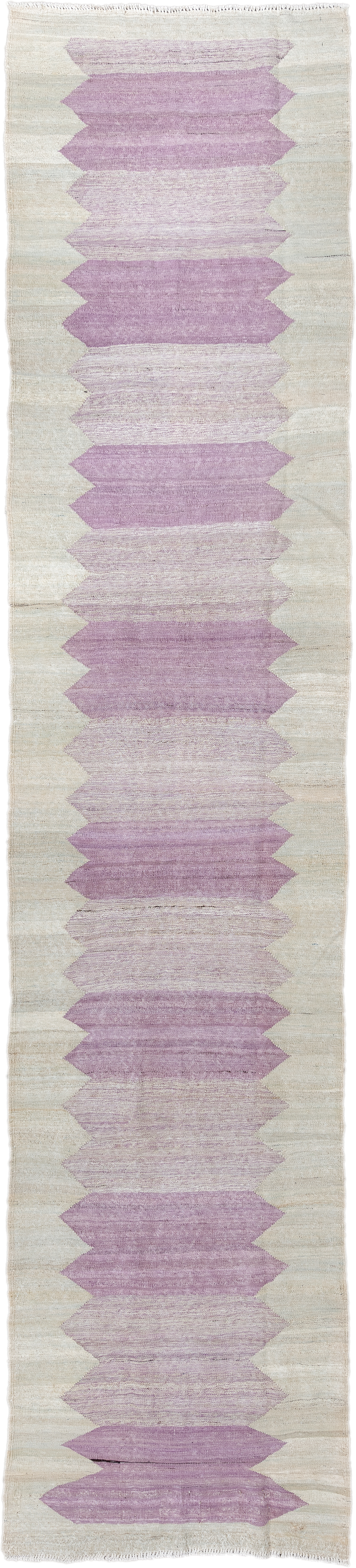 2' x 12' one-of-a-kind handmade vintage Kilim runner rug. Color palette: ivory, lavender, blush, cream, light gray, pink