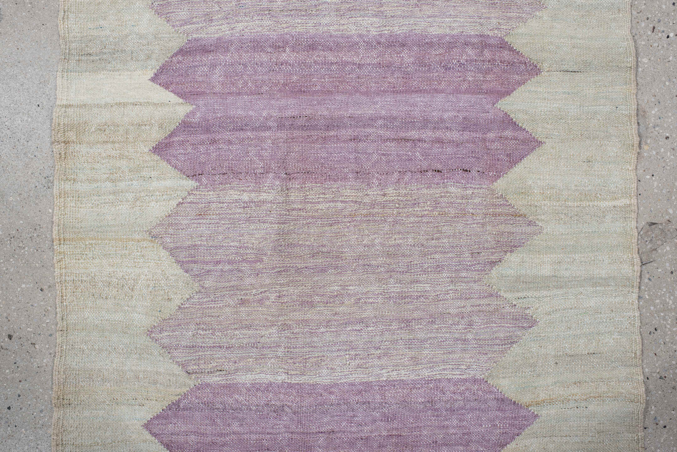 2' x 12' one-of-a-kind handmade vintage Kilim runner rug. Color palette: ivory, lavender, blush, cream, light gray, pink