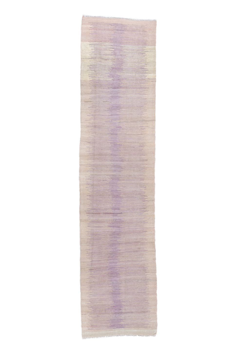 3' x 12' one-of-a-kind handmade vintage Kilim runner rug. Color palette: gray, light gray, off-white, pink, silver