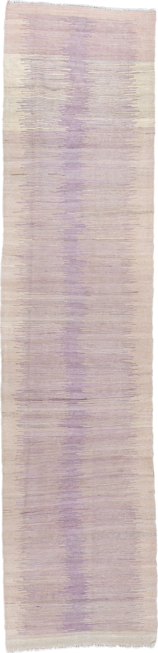 3' x 12' one-of-a-kind handmade vintage Kilim runner rug. Color palette: ivory, lavender, blush, rose, cream, light gray
