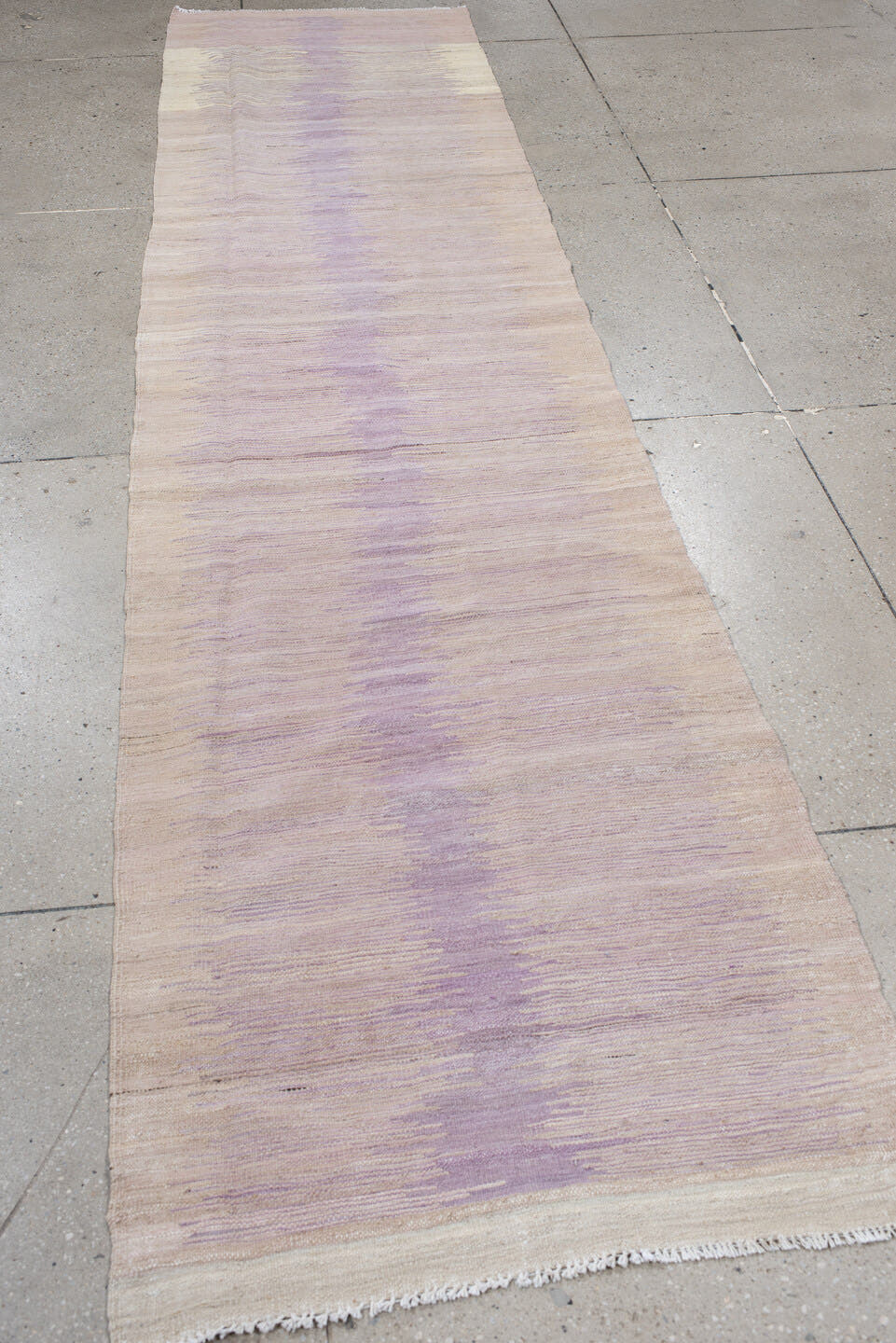 3' x 12' one-of-a-kind handmade vintage Kilim runner rug. Color palette: ivory, lavender, blush, rose, cream, light gray
