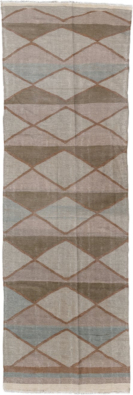 3' x 10' one-of-a-kind handmade vintage Kilim runner rug. Color palette: taupe, camel, ivory, blush, pale_blue, beige, gray