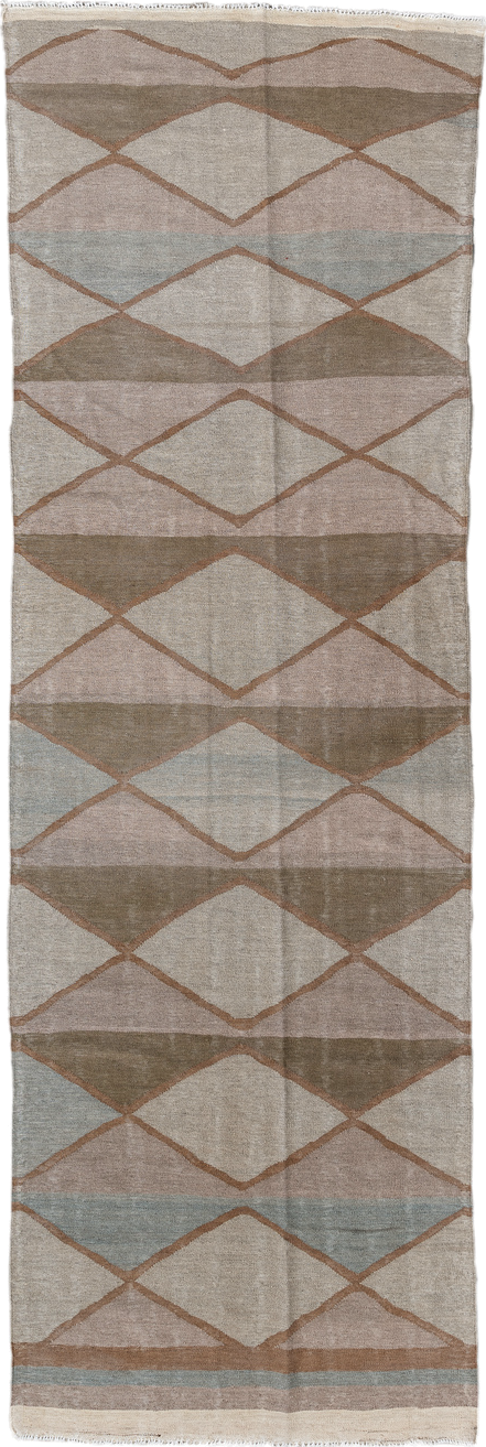 3' x 10' one-of-a-kind handmade vintage Kilim runner rug. Color palette: taupe, camel, ivory, blush, pale_blue, beige, gray