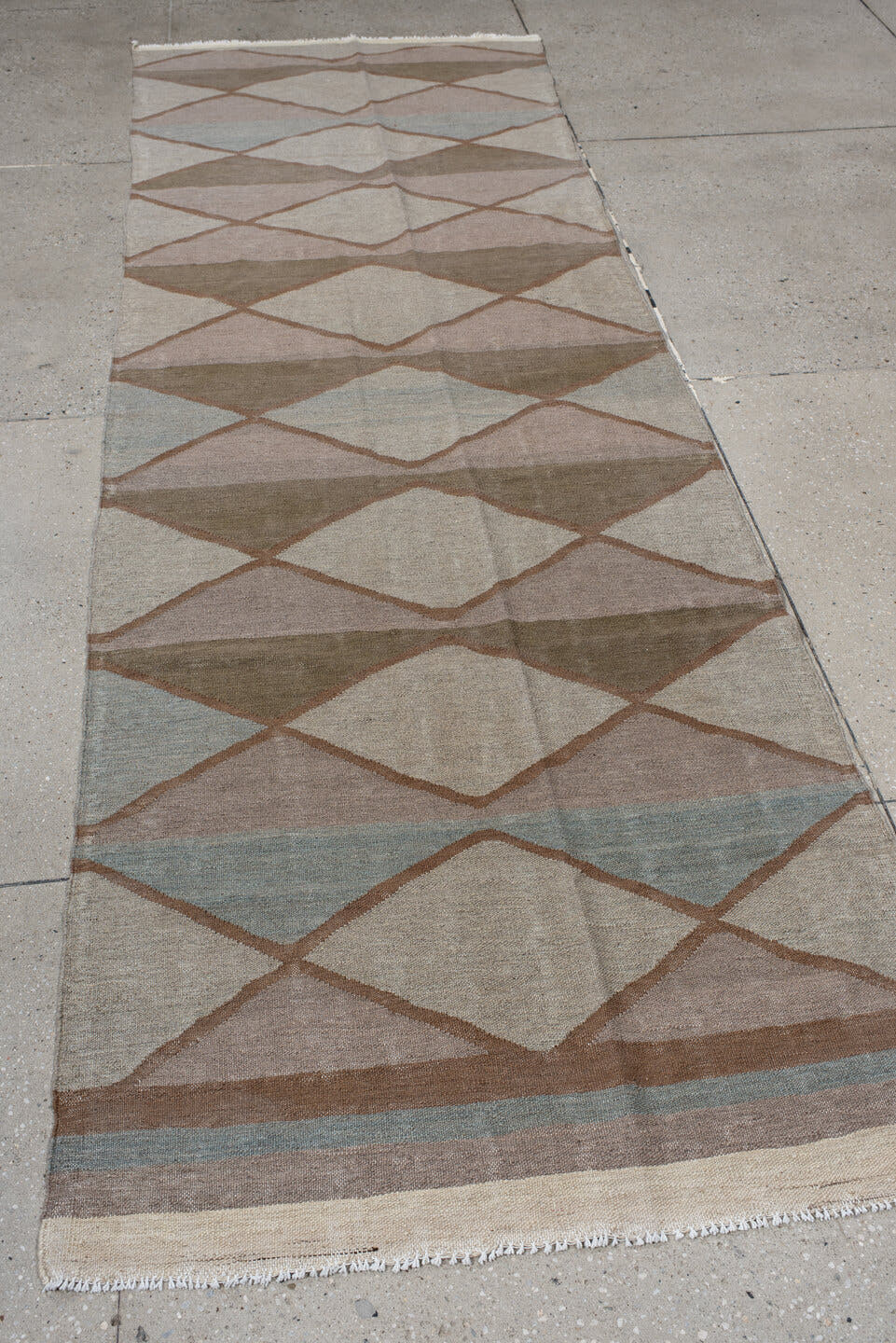 3' x 10' one-of-a-kind handmade vintage Kilim runner rug. Color palette: taupe, camel, ivory, blush, pale_blue, beige, gray