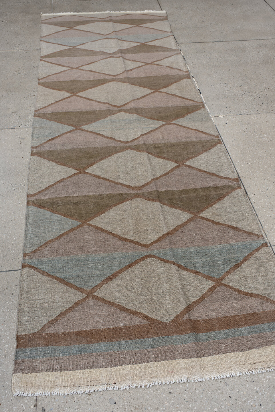 3' x 10' one-of-a-kind handmade vintage Kilim runner rug. Color palette: taupe, camel, ivory, blush, pale_blue, beige, gray