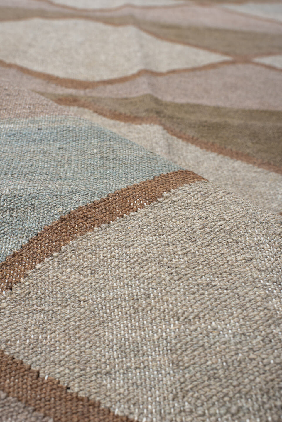 3' x 10' one-of-a-kind handmade vintage Kilim runner rug. Color palette: taupe, camel, ivory, blush, pale_blue, beige, gray