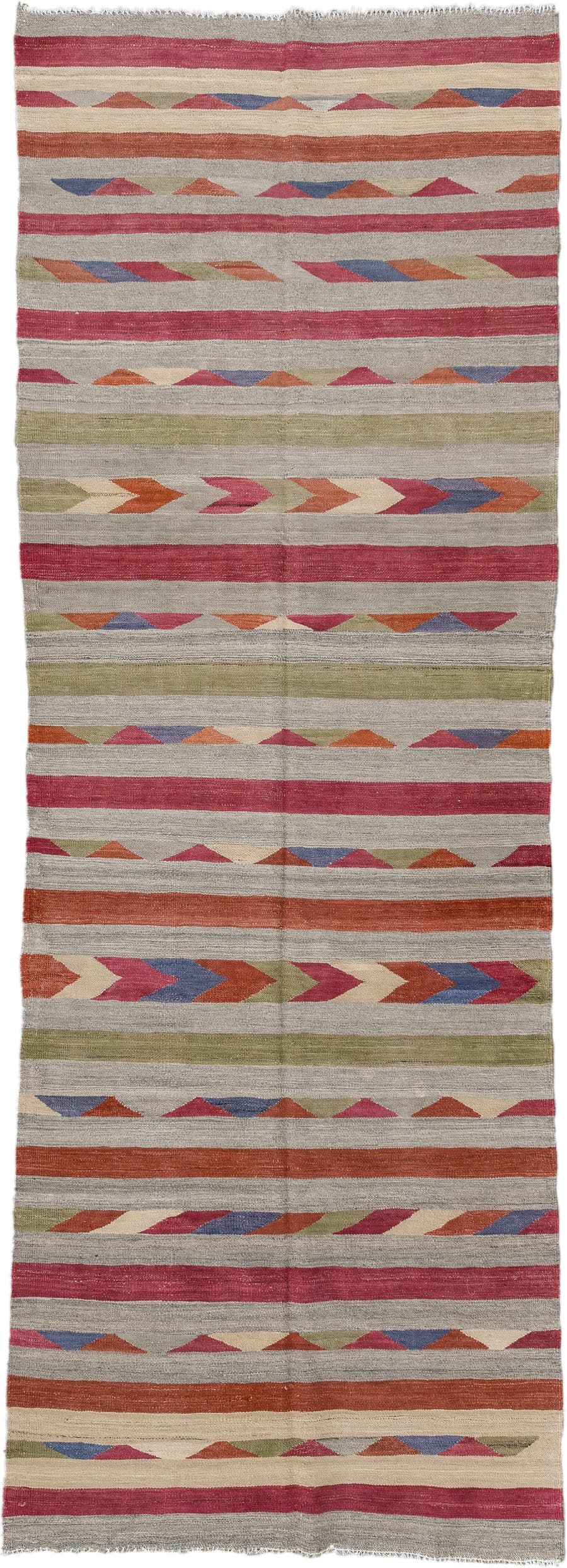 3' x 9' one-of-a-kind handmade vintage Kilim runner rug. Color palette: ivory, rose, rust, olive, blue, taupe, pink, red
