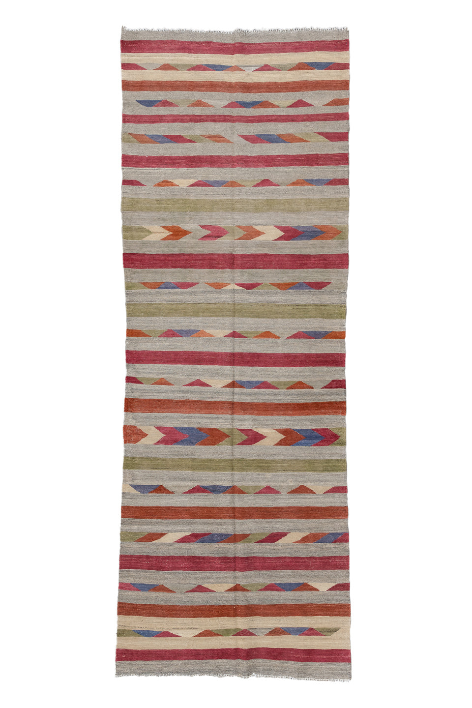 3' x 9' one-of-a-kind handmade vintage Kilim runner rug. Color palette: blue, brown, gray, light gray, off-white, pink, red