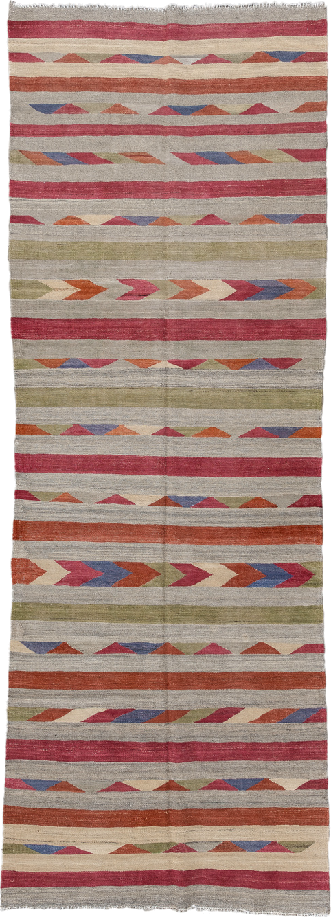 3' x 9' one-of-a-kind handmade vintage Kilim runner rug. Color palette: ivory, rose, rust, olive, blue, taupe, pink, red