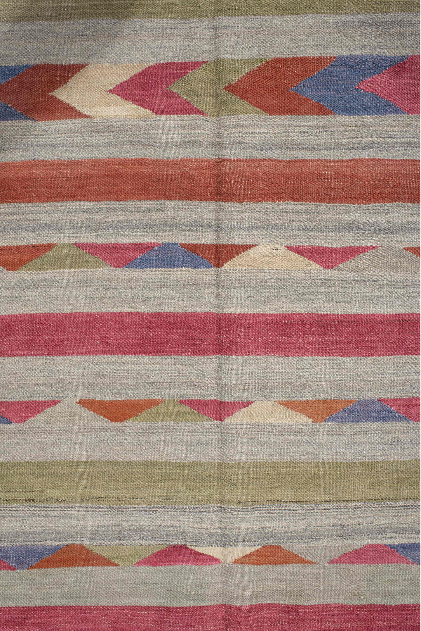 3' x 9' one-of-a-kind handmade vintage Kilim runner rug. Color palette: ivory, rose, rust, olive, blue, taupe, pink, red