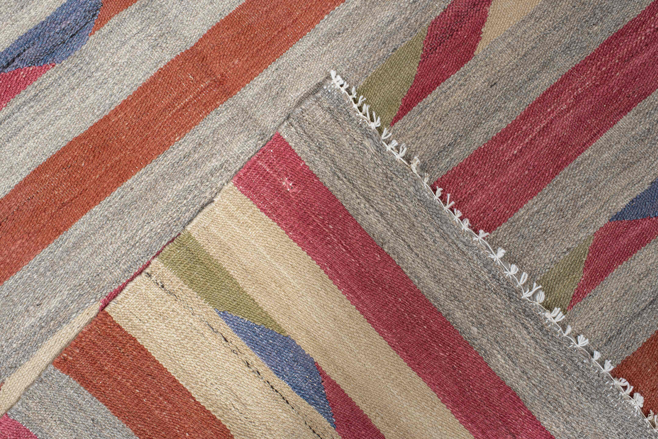 3' x 9' one-of-a-kind handmade vintage Kilim runner rug. Color palette: ivory, rose, rust, olive, blue, taupe, pink, red