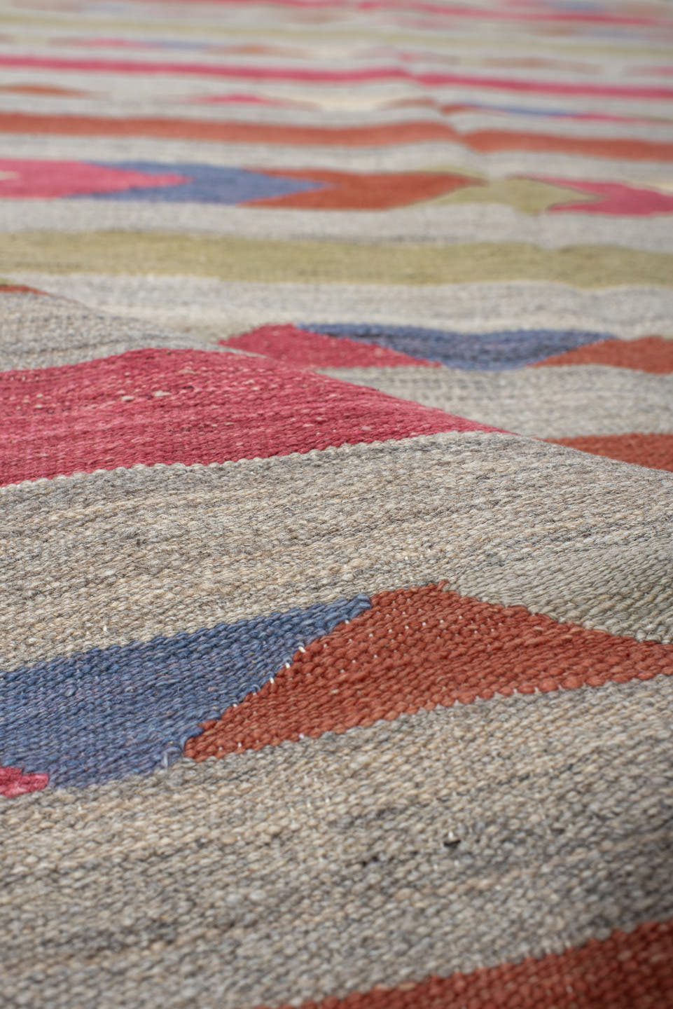 3' x 9' one-of-a-kind handmade vintage Kilim runner rug. Color palette: ivory, rose, rust, olive, blue, taupe, pink, red