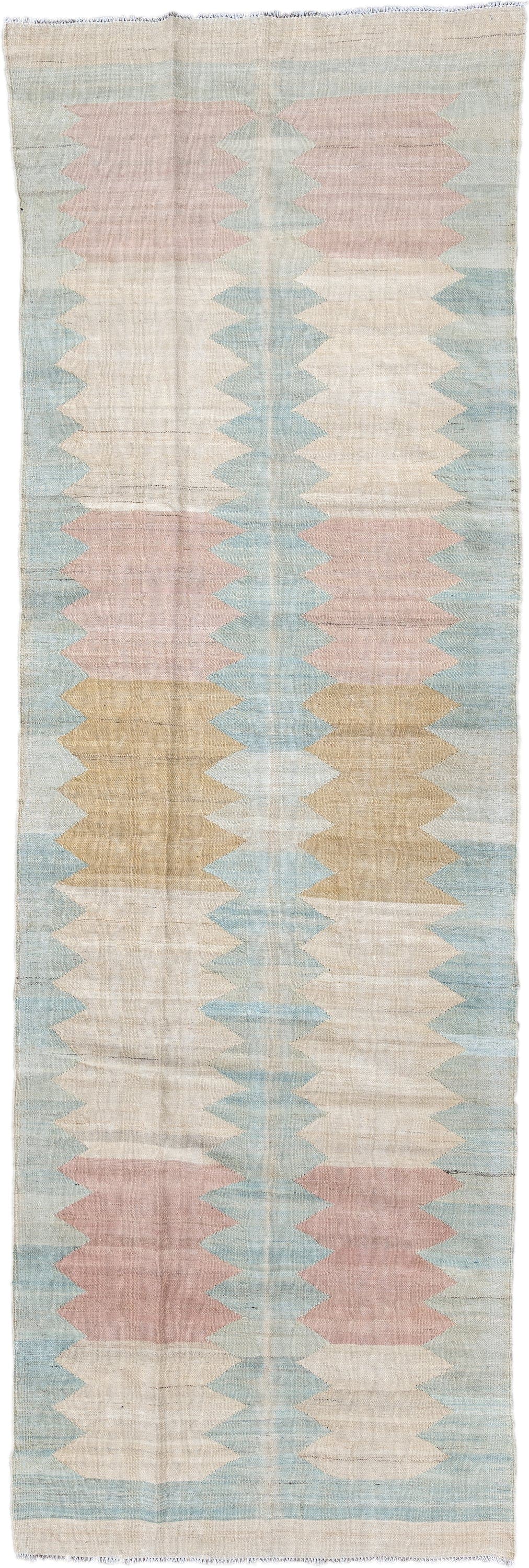 3' x 9' one-of-a-kind handmade vintage Kilim runner rug. Color palette: ivory, pale blue, blush, gold, cream, light blue