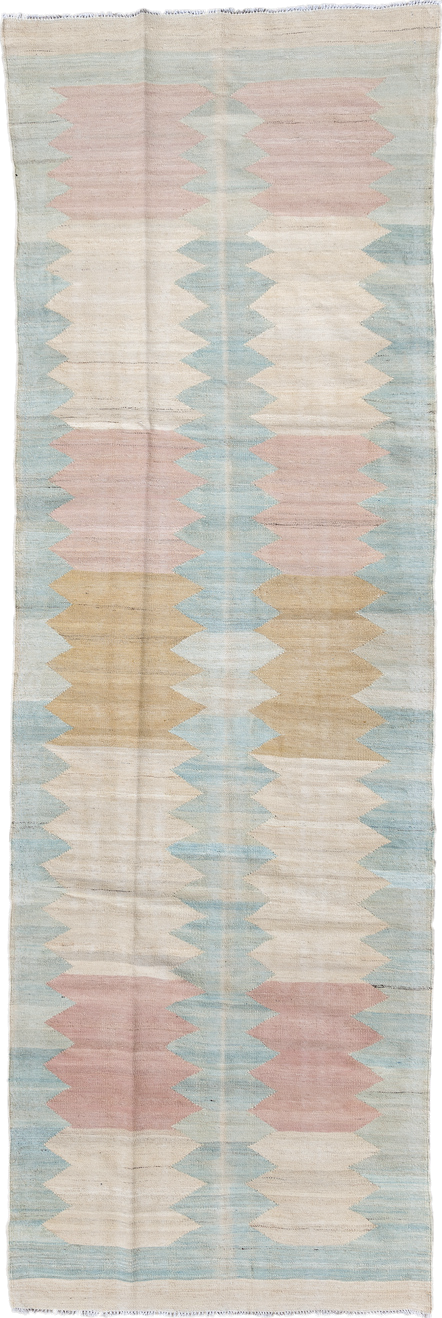 3' x 9' one-of-a-kind handmade vintage Kilim runner rug. Color palette: ivory, pale blue, blush, gold, cream, light blue