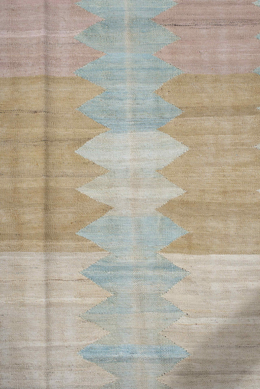 3' x 9' one-of-a-kind handmade vintage Kilim runner rug. Color palette: ivory, pale blue, blush, gold, cream, light blue