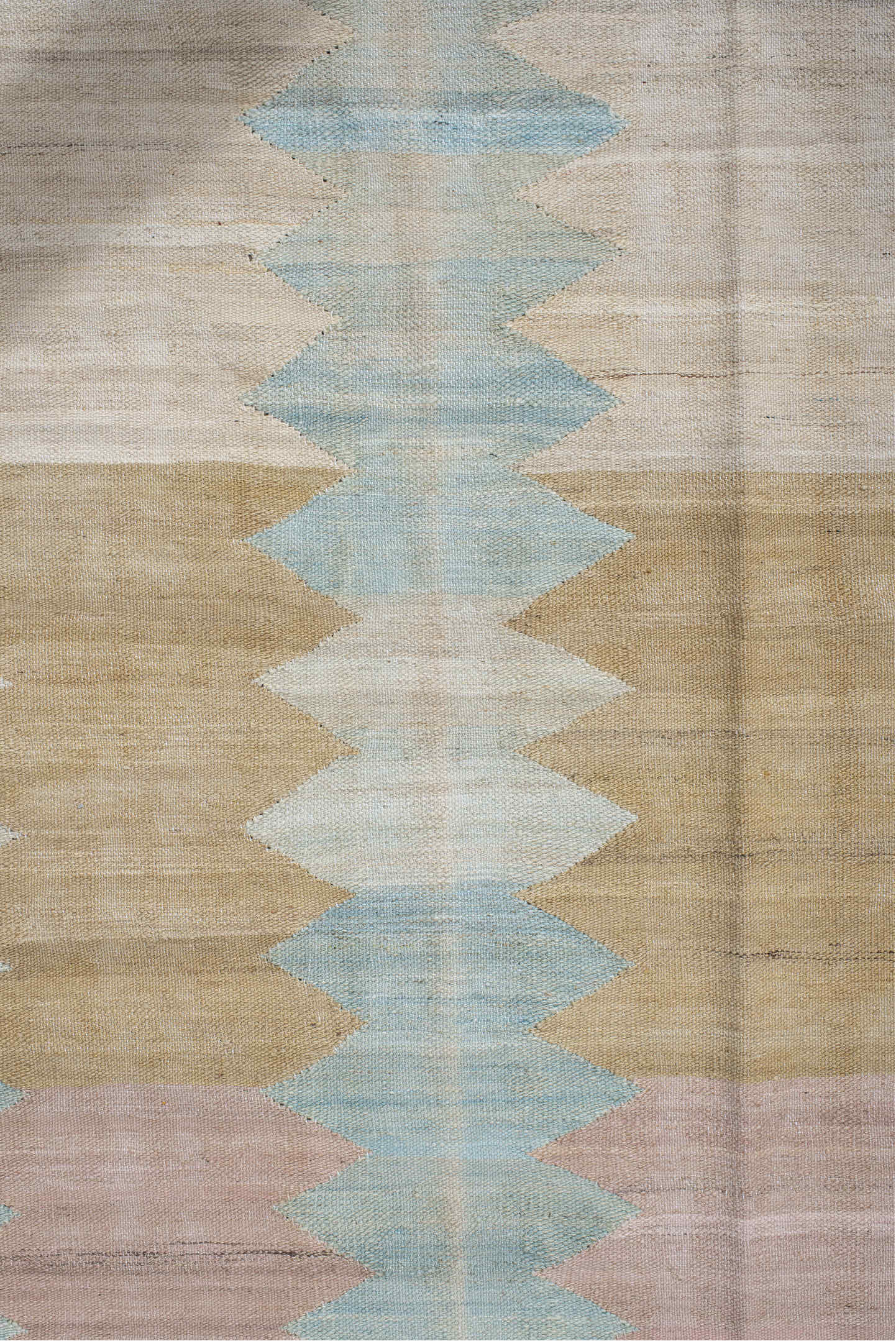 3' x 9' one-of-a-kind handmade vintage Kilim runner rug. Color palette: ivory, pale blue, blush, gold, cream, light blue